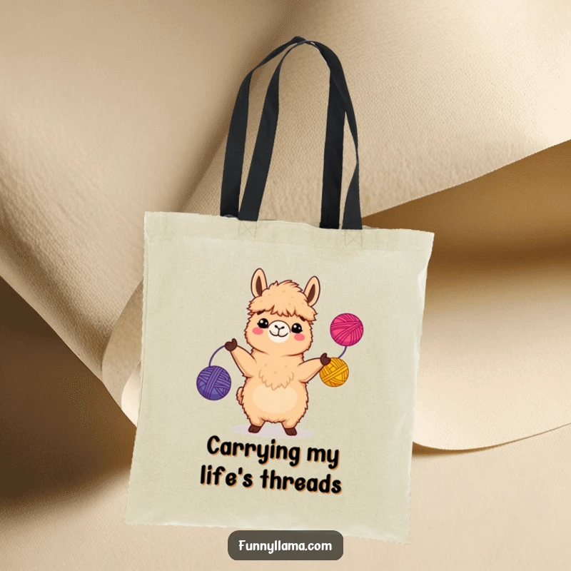 Funny Llama Tote Bag featuring a grinning fuzzy llama artistically juggling three balls of colorful yarn, perfect for shopping.