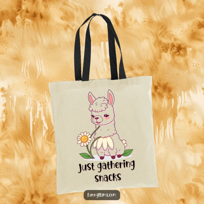 Funny llama tote bag depicting a content llama enjoying a giant daisy, perfect for carrying essentials with humor.