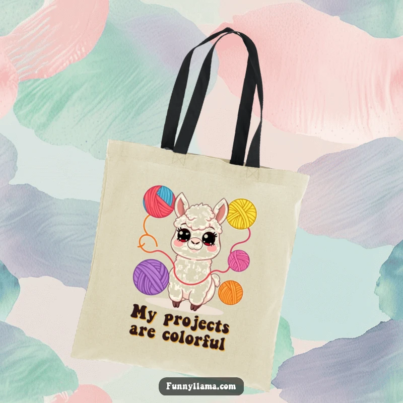 Funny Llama Tote Bag: A durable tote featuring a cheerful llama juggling colorful yarn balls, perfect for carrying craft supplies.